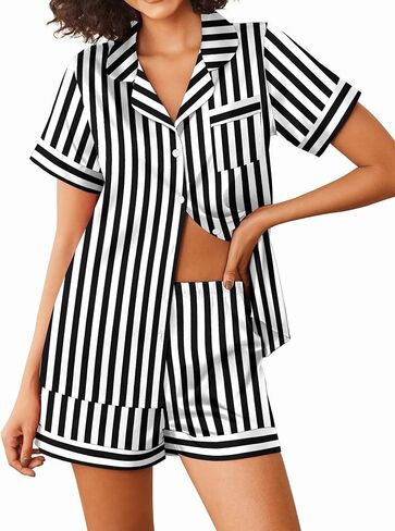 Ekouaer Womens Silk Satin Pajama Sets 2 Piece Short Sleeve Sleepwear Button Down Top and Shorts Striped Pjs Lounge Sets S-XXL in Saudi Arabia