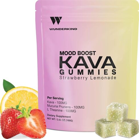 WUNDERKIND Kava Gummies قوة إضافية لتعزيز المزاج - فعالية عالية 70% كافالاكتونز | تخفيف التوتر الطبيعي | نباتي، مكونات نظيفة، بدون جيلاتين أو أصباغ | 1 قطعة حلوى لكل حصة | عصير ليمون بالفراولة in Kuwait