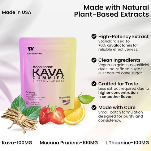 WUNDERKIND Kava Gummies قوة إضافية لتعزيز المزاج - فعالية عالية 70% كافالاكتونز | تخفيف التوتر الطبيعي | نباتي، مكونات نظيفة، بدون جيلاتين أو أصباغ | 1 قطعة حلوى لكل حصة | عصير ليمون بالفراولة in Kuwait