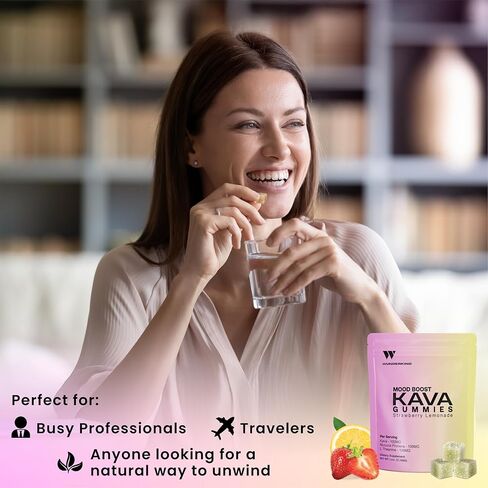 WUNDERKIND Kava Gummies قوة إضافية لتعزيز المزاج - فعالية عالية 70% كافالاكتونز | تخفيف التوتر الطبيعي | نباتي، مكونات نظيفة، بدون جيلاتين أو أصباغ | 1 قطعة حلوى لكل حصة | عصير ليمون بالفراولة in Kuwait