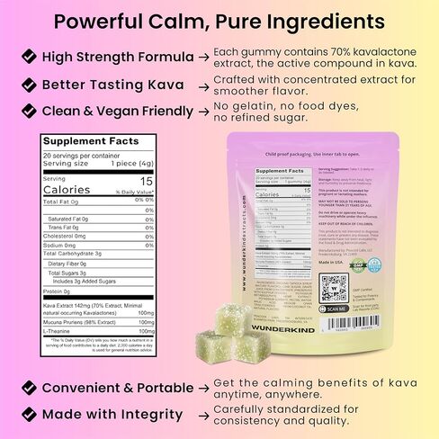 WUNDERKIND Kava Gummies قوة إضافية لتعزيز المزاج - فعالية عالية 70% كافالاكتونز | تخفيف التوتر الطبيعي | نباتي، مكونات نظيفة، بدون جيلاتين أو أصباغ | 1 قطعة حلوى لكل حصة | عصير ليمون بالفراولة in Kuwait
