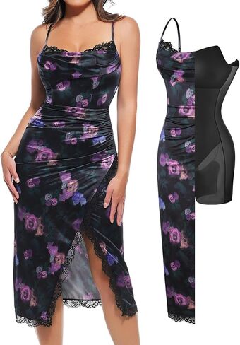 Popilush Shapewear Corset Dress Women's Satin Ruched Midi Dress Cocktail Date Night Classy Dresses with Lace Trim Bra in Saudi Arabia