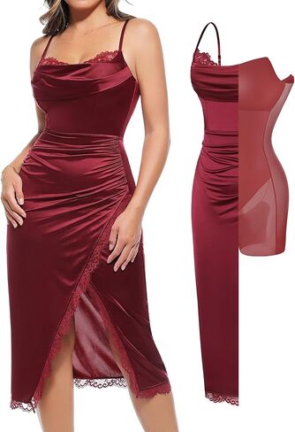 Popilush Shapewear Corset Dress Women's Satin Ruched Midi Dress Cocktail Date Night Classy Dresses with Lace Trim Bra in Saudi Arabia
