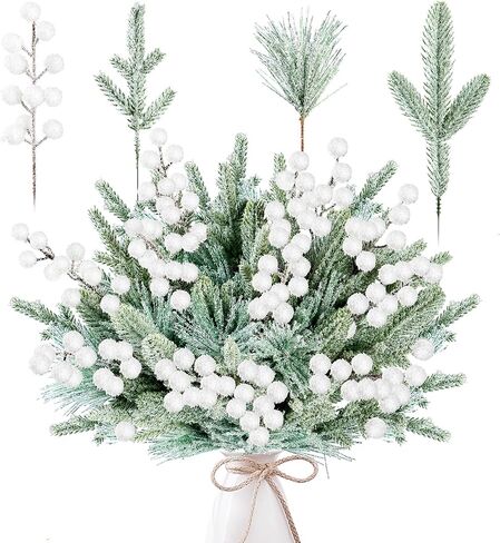 Sggvecsy 60 Pcs Artificial Snowy Pine Branches Fake Frosted Greenery Pine Picks Artificial Red Berry Stems Christmas Pine Needles for DIY Christmas Garland Wreath Xmas Flower Arrangements Decoration in Kuwait