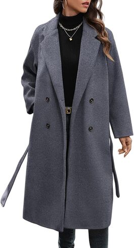 WOWULOVELY Women's Winter Double Breasted Wool Coat Long Sleeve Notched Collar Trench Long Oversized Button Down Overcoats in Saudi Arabia
