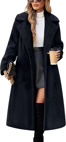 Womens Fleece Long Jackets Oversized Double-Breasted Fluffy Coats Winter Lapel Faux Fur Warm Overcoats with Pockets in Saudi Arabia