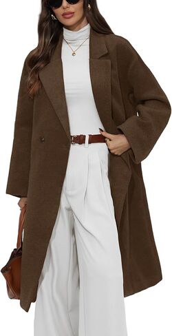 ELLEVEN Womens Long Winter Coat Wool Double Breasted Notch Lapel Peacoat Long Sleeve Trench Coat Casual Outfits with Pocket in Saudi Arabia