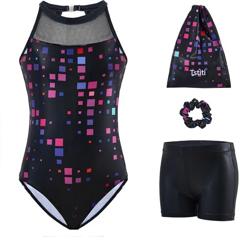 Girls Gymnastics Leotards Outfit with Shorts & Scrunchie Sleeveless Mesh Dance Leotard Clothes for Practice in Saudi Arabia