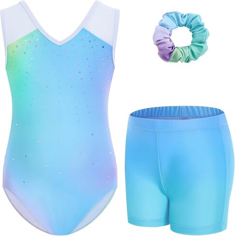 مجموعة ملابس الجمباز للفتيات من Gogokids مع شورت، زي رقص شبكي متدرج من حجر الراين اللامع لتدريب الباليه 3-12 سنة in Kuwait