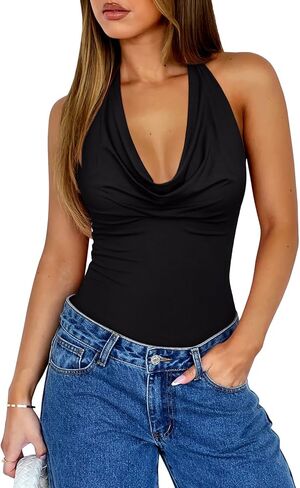 REORIA Womens Sexy Cowl Neck Halter Body Suits Summer Open Back Bodysuit Tank Tops in Saudi Arabia
