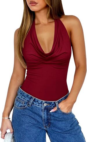 REORIA Womens Sexy Cowl Neck Halter Body Suits Summer Open Back Bodysuit Tank Tops in Saudi Arabia