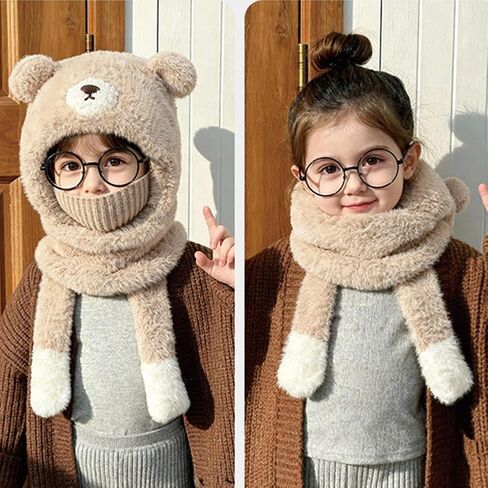 KORADI Girls Balaclava Knit Hat Boys Bear Beanie Hoodie Hats Winter Fuzzy Neck Gaiter Ski Caps for Kids 2-12 Years in Saudi Arabia