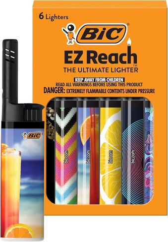 BIC EZ Reach Candle Lighter, The Ultimate Lighter with Extended Wand for Grills and Firepits (1.45-inch), Favorites Series, 6 Count Pack (Assortment of Designs May Vary) in Kuwait