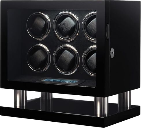 Watch Winder Box for 4 Automatic Watches, Lockable Glass Cover, Black Wood with Black Suede Lining, Silent Motor,TPD Rotation Technology, LCD Touch, Remote control in Saudi Arabia