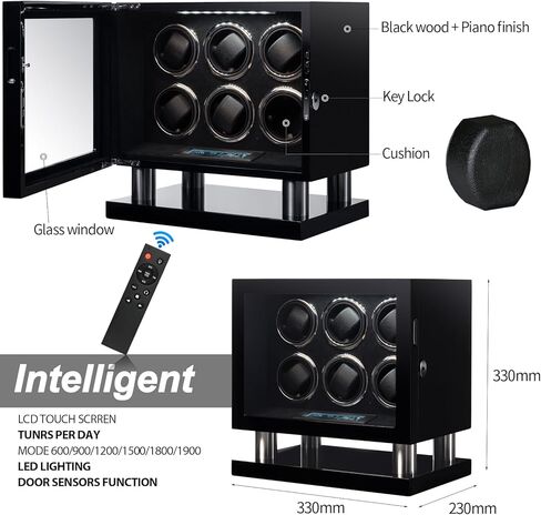 Watch Winder Box for 4 Automatic Watches, Lockable Glass Cover, Black Wood with Black Suede Lining, Silent Motor,TPD Rotation Technology, LCD Touch, Remote control in Saudi Arabia