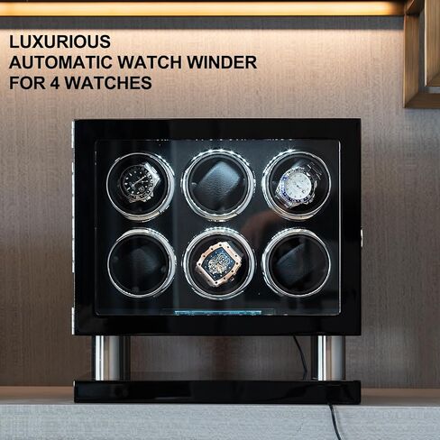 Watch Winder Box for 4 Automatic Watches, Lockable Glass Cover, Black Wood with Black Suede Lining, Silent Motor,TPD Rotation Technology, LCD Touch, Remote control in Saudi Arabia