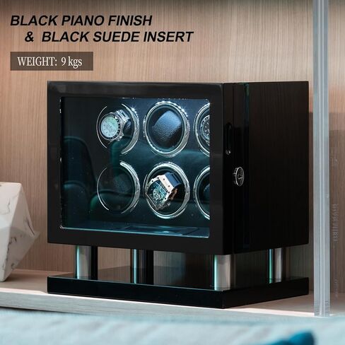 Watch Winder Box for 4 Automatic Watches, Lockable Glass Cover, Black Wood with Black Suede Lining, Silent Motor,TPD Rotation Technology, LCD Touch, Remote control in Saudi Arabia