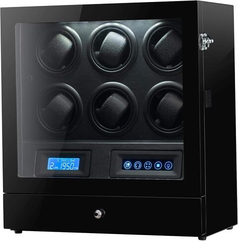 Watch Winder Box for 4 Automatic Watches, Lockable Glass Cover, Black Wood with Black Suede Lining, Silent Motor,TPD Rotation Technology, LCD Touch, Remote control in Saudi Arabia
