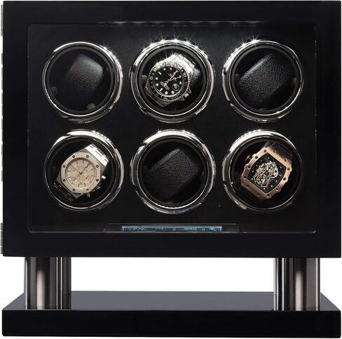 Watch Winder Box for 4 Automatic Watches, Lockable Glass Cover, Black Wood with Black Suede Lining, Silent Motor,TPD Rotation Technology, LCD Touch, Remote control in Saudi Arabia