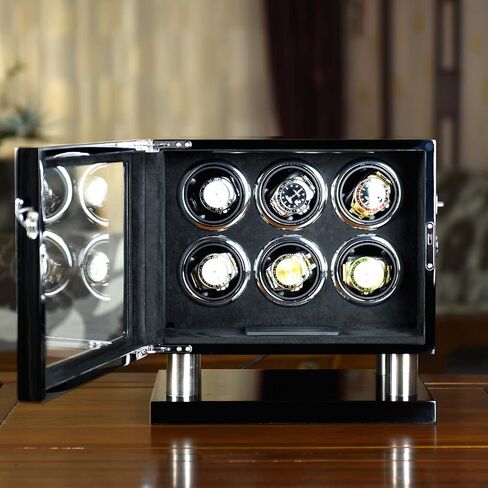 Watch Winder Box for 4 Automatic Watches, Lockable Glass Cover, Black Wood with Black Suede Lining, Silent Motor,TPD Rotation Technology, LCD Touch, Remote control in Saudi Arabia