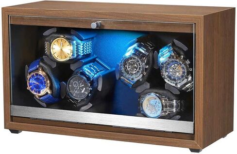 Watch Winder 6 with LED and Super Quiet Motor 4 Rotating Modes, Wooden Watch Storage Case Watch Shaker with USB Cable Gift (Black Walnut) in Saudi Arabia