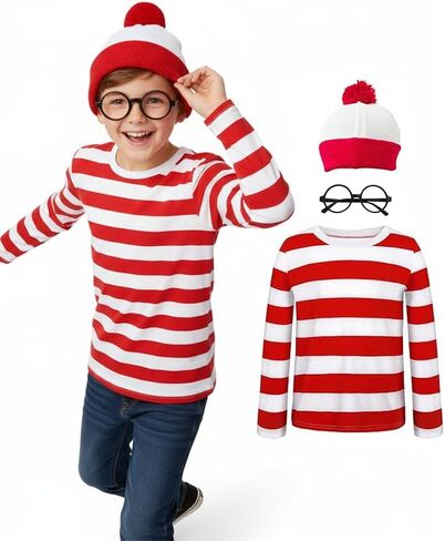 Waldo Red and White Striped Shirt Adult Men Women's Halloween Cosplay Costumes Funny Sweatshirt Outfit Glasses Suits in Saudi Arabia