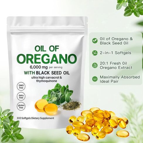 زيت الأوريجانو العضوي مع زيت الحبة السوداء - كبسولات زيت الأوريجانو 2 في 1 عضوية، عدد 300 | نباتي، غير معدّل وراثيًا | يدعم الصحة والتوازن الهضمي in Kuwait