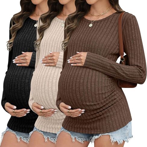 3 Pack Maternity Shirts Ribbed Long Sleeve Maternity Sweater Crew Neck Pregnancy Clothes for Women Thermal Top in Saudi Arabia