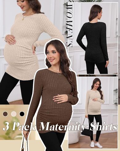 3 Pack Maternity Shirts Ribbed Long Sleeve Maternity Sweater Crew Neck Pregnancy Clothes for Women Thermal Top in Saudi Arabia