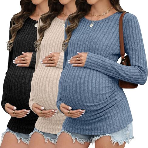3 Pack Maternity Shirts Ribbed Long Sleeve Maternity Sweater Crew Neck Pregnancy Clothes for Women Thermal Top in Saudi Arabia