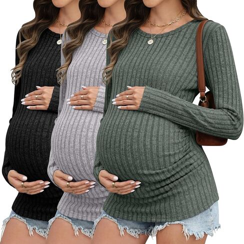 3 Pack Maternity Shirts Ribbed Long Sleeve Maternity Sweater Crew Neck Pregnancy Clothes for Women Thermal Top in Saudi Arabia