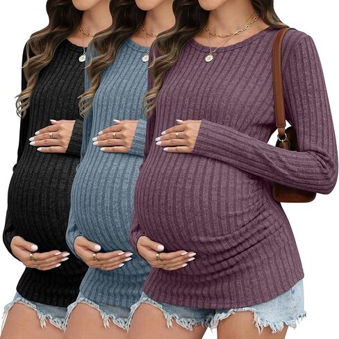 3 Pack Maternity Shirts Ribbed Long Sleeve Maternity Sweater Crew Neck Pregnancy Clothes for Women Thermal Top in Saudi Arabia