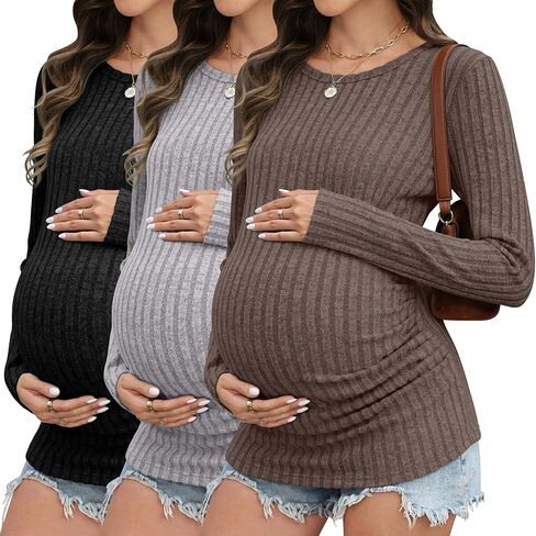 3 Pack Maternity Shirts Ribbed Long Sleeve Maternity Sweater Crew Neck Pregnancy Clothes for Women Thermal Top in Saudi Arabia