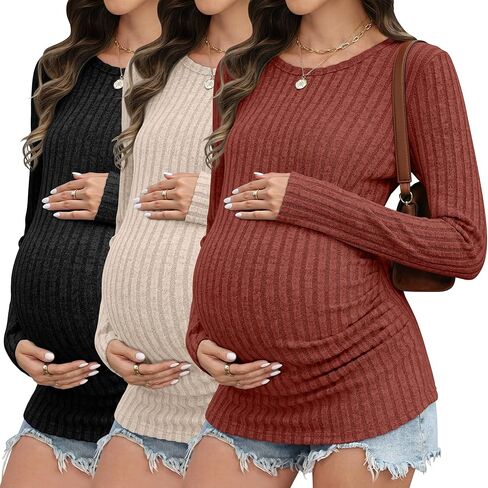 3 Pack Maternity Shirts Ribbed Long Sleeve Maternity Sweater Crew Neck Pregnancy Clothes for Women Thermal Top in Saudi Arabia