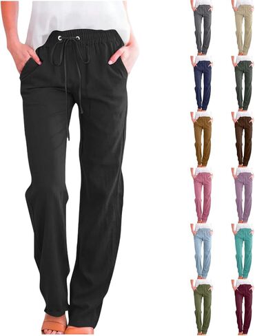 Linen Pants Women Casual Drawstring High Waisted Pants Plus Size Loose Fit Lightweight Lounges Trousers with Pockets in Saudi Arabia