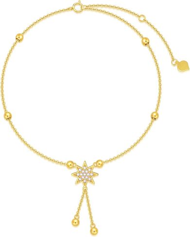 SISGEM 14K الصلبة الذهب نجمة خلخال للنساء، الذهب الأصفر تشيكوسلوفاكيا نجمة شرابة خلخال الخرز محطة الخلخال القدم رابط الشاطئ الخلخال غرامة المجوهرات هدايا عيد ميلاد لها 8 "+2" in Kuwait