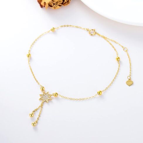 SISGEM 14K الصلبة الذهب نجمة خلخال للنساء، الذهب الأصفر تشيكوسلوفاكيا نجمة شرابة خلخال الخرز محطة الخلخال القدم رابط الشاطئ الخلخال غرامة المجوهرات هدايا عيد ميلاد لها 8 "+2" in Kuwait