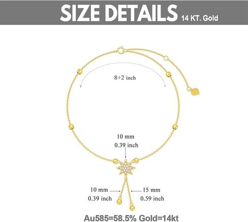 SISGEM 14K الصلبة الذهب نجمة خلخال للنساء، الذهب الأصفر تشيكوسلوفاكيا نجمة شرابة خلخال الخرز محطة الخلخال القدم رابط الشاطئ الخلخال غرامة المجوهرات هدايا عيد ميلاد لها 8 "+2" in Kuwait