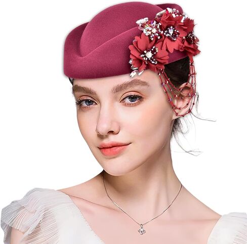 Women's Retro Stewardess Felt Hat, British Berets, Rhinestone Flower Decor, Ladies' Church Derby Hat in Saudi Arabia