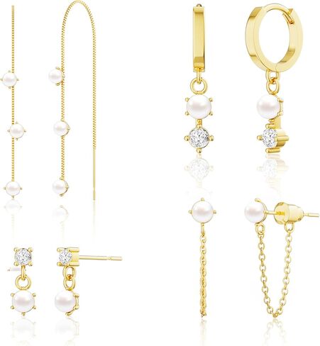 Moodear Dainty Pearl Drop Hoop Earrings for Women - Hypoallergenic 14K Gold Plated Small Dangle Chain Hoops Trendy Earring Sets for Multiple Piercing Jewelry Gift in Saudi Arabia