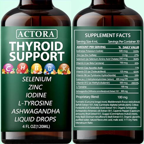 savari Actora Thyroid Support Liquid Drops - with Selenium Zinc Iodine L-Tyrosine Ashwagandha,Multivitamin - for Hormonal Balance, Gut Health, Mood, Sleep Support - 4 fl. oz (120mL) (1pc) in Saudi Arabia