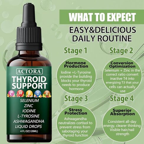 savari Actora Thyroid Support Liquid Drops - with Selenium Zinc Iodine L-Tyrosine Ashwagandha,Multivitamin - for Hormonal Balance, Gut Health, Mood, Sleep Support - 4 fl. oz (120mL) (1pc) in Saudi Arabia