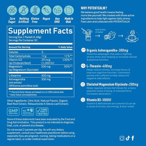 مشروب الكورتيزول القوي من بوتنت كالم، مسحوق جليسينات المغنيسيوم، إل-ثيانين، أشواغاندا، فيتامين د، بدون سكر، مسحوق إلكتروليتات عصير الليمون والتوت - 30 حصة in Kuwait