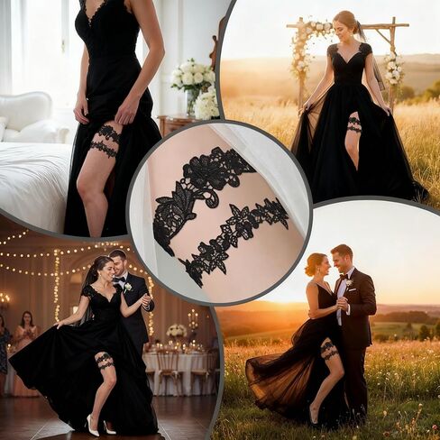 قطعتان من الأربطة للعروس، مجموعة أربطة الزفاف الأنيقة من الدانتيل، أربطة الزفاف ذات الساق الزهرية الممتدة، إكسسوارات الزفاف (أسود) in Kuwait