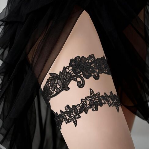 قطعتان من الأربطة للعروس، مجموعة أربطة الزفاف الأنيقة من الدانتيل، أربطة الزفاف ذات الساق الزهرية الممتدة، إكسسوارات الزفاف (أسود) in Kuwait