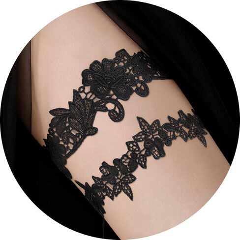 قطعتان من الأربطة للعروس، مجموعة أربطة الزفاف الأنيقة من الدانتيل، أربطة الزفاف ذات الساق الزهرية الممتدة، إكسسوارات الزفاف (أسود) in Kuwait