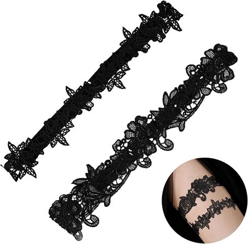 قطعتان من الأربطة للعروس، مجموعة أربطة الزفاف الأنيقة من الدانتيل، أربطة الزفاف ذات الساق الزهرية الممتدة، إكسسوارات الزفاف (أسود) in Kuwait