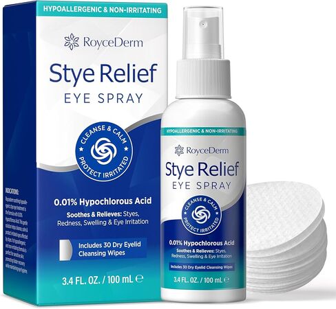 Stye Eye Treatment Relief Spray - Hypochlorous Acid Mist for Itchy, Dryness Eyelids & Makeup Removal - Eyelash, Eyelid Cleanser & Around Eye Wash Care with Natural Ingredients, Cotton Pads, Kids Safe in Saudi Arabia