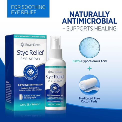 Stye Eye Treatment Relief Spray - Hypochlorous Acid Mist for Itchy, Dryness Eyelids & Makeup Removal - Eyelash, Eyelid Cleanser & Around Eye Wash Care with Natural Ingredients, Cotton Pads, Kids Safe in Saudi Arabia