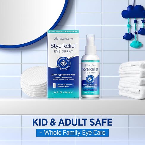 Stye Eye Treatment Relief Spray - Hypochlorous Acid Mist for Itchy, Dryness Eyelids & Makeup Removal - Eyelash, Eyelid Cleanser & Around Eye Wash Care with Natural Ingredients, Cotton Pads, Kids Safe in Saudi Arabia